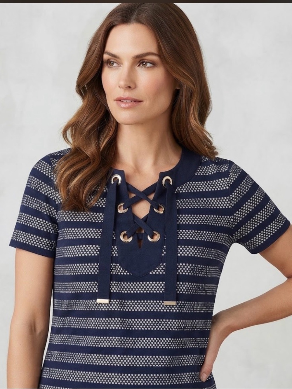 Michael Kors Navy Blue White Striped Lace-Up Grommet Short Sleeve Top Size S